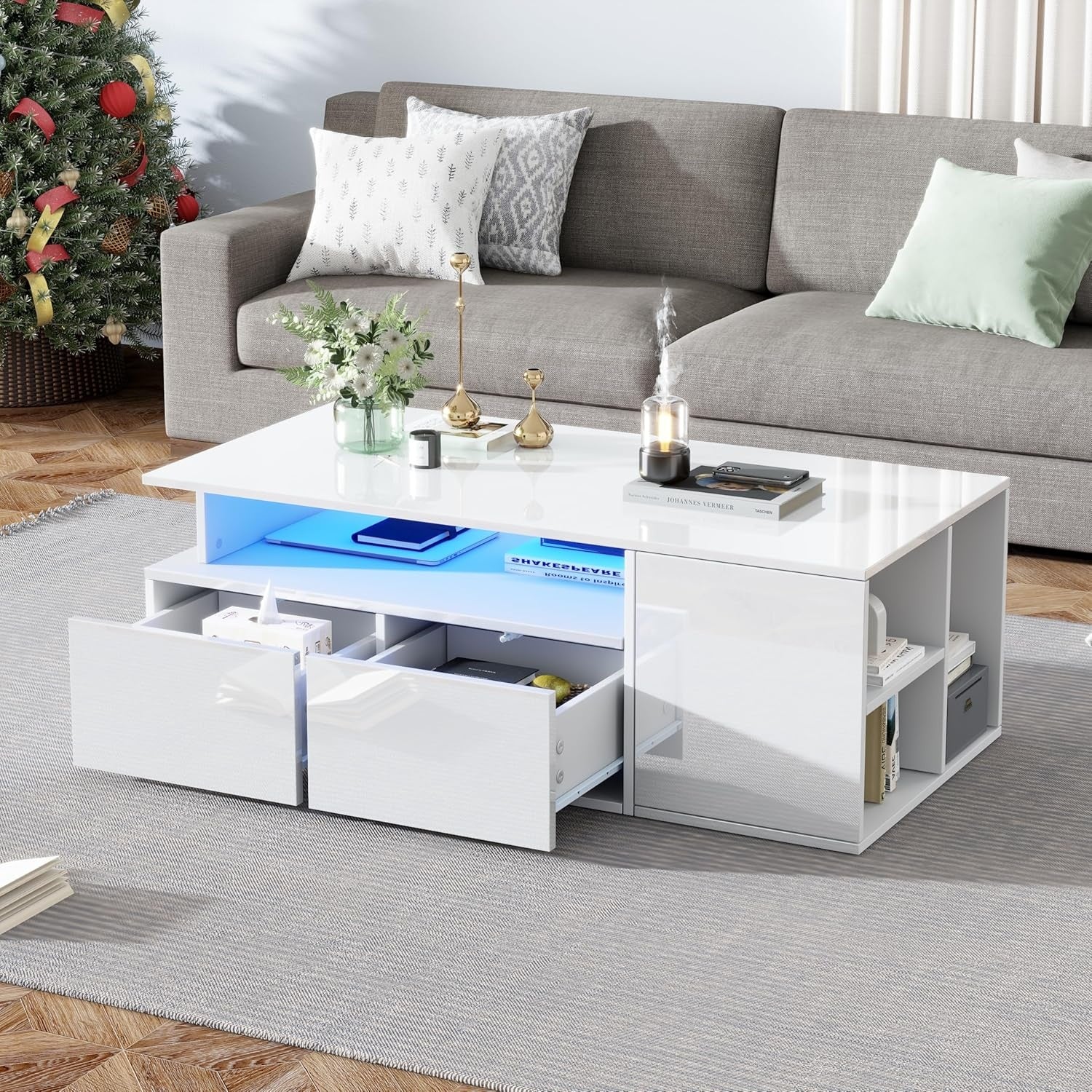 Couchtisch in Hochglanz Wei? mit LED-Beleuchtung, 2 Schubladen und halboffenem Ablagefach, 100 ¡Á