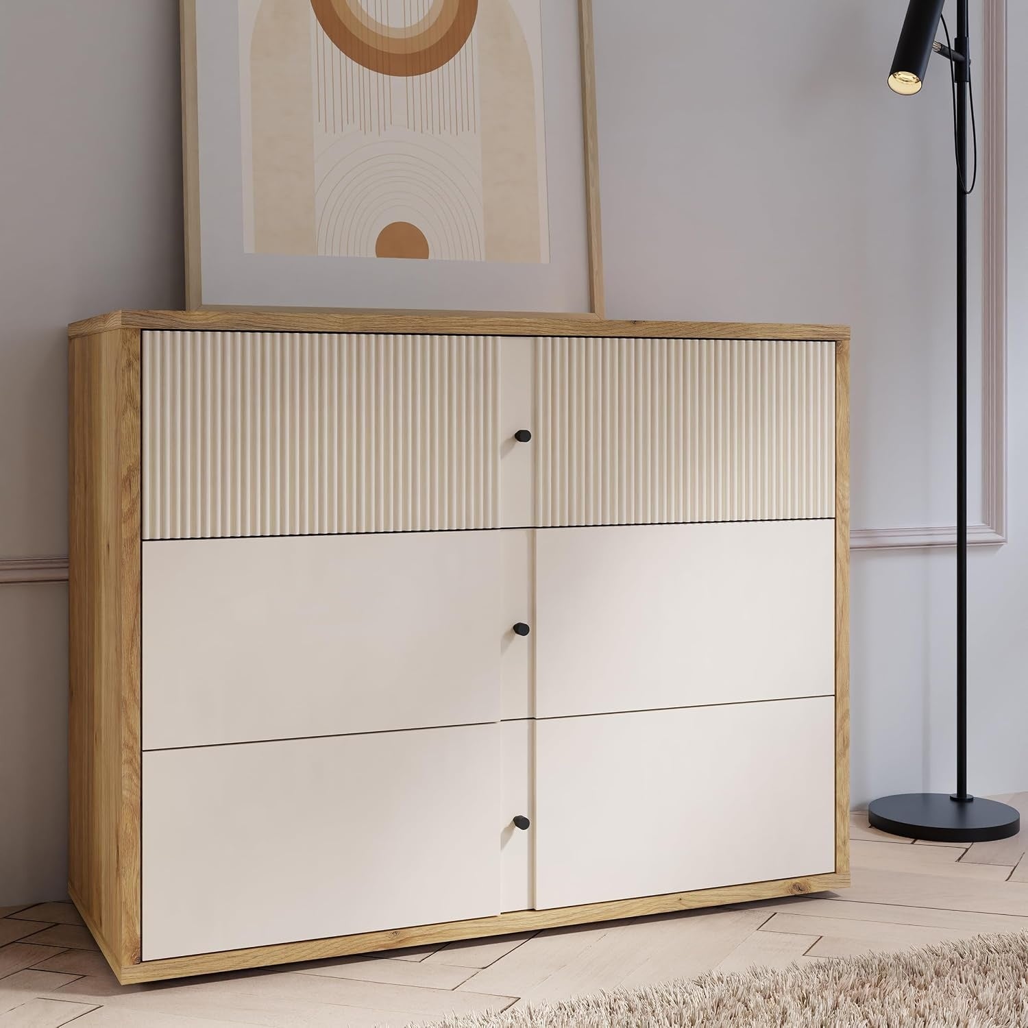 Kommode mit 3 Schubladen aus Holzwerkstoff in Kaschmirbeige, Mauvella-Eiche und Sand, 104,8 ¡Á 83