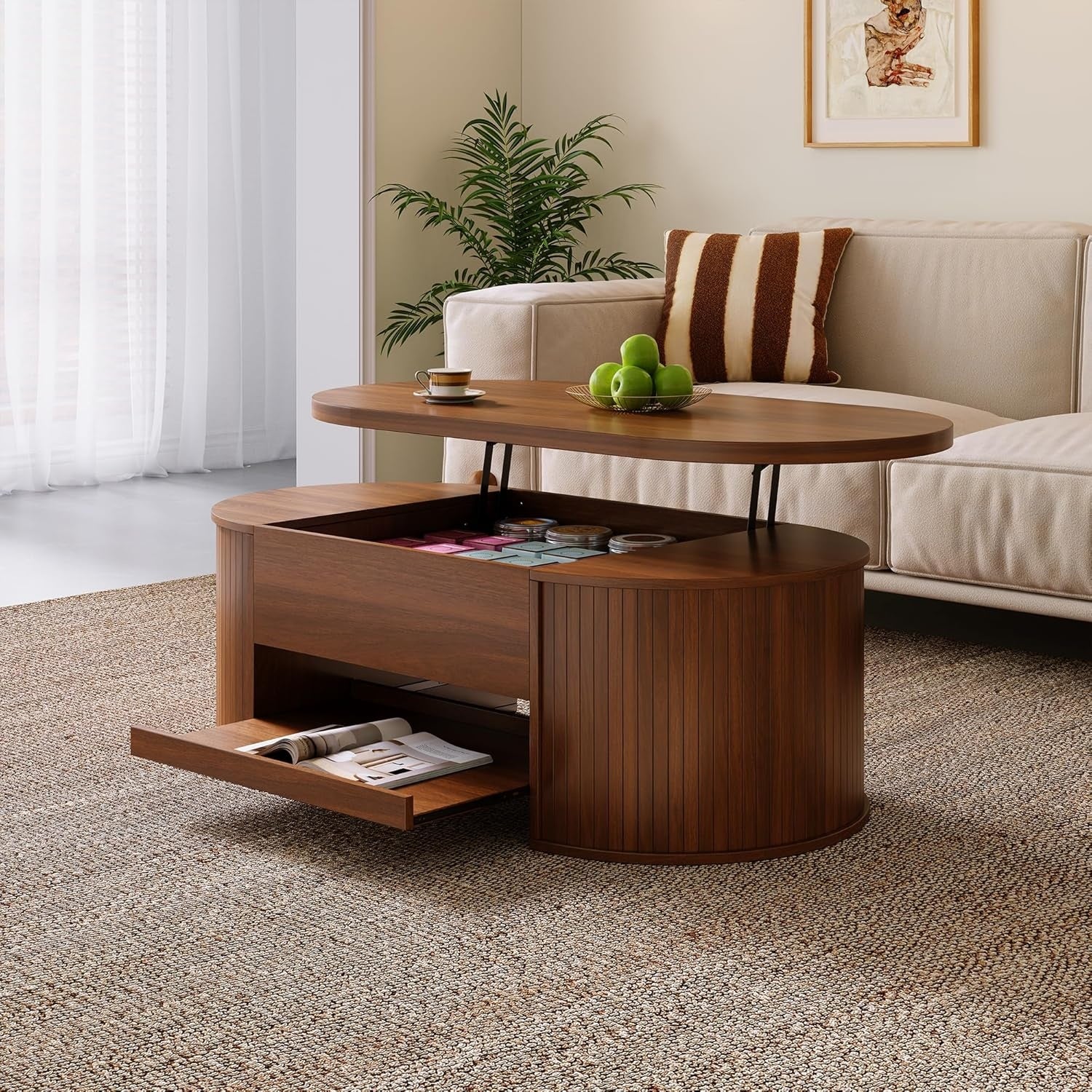 H?henverstellbarer Couchtisch mit ausziehbarem Regal und Stauraum, 110 ¡Á 55