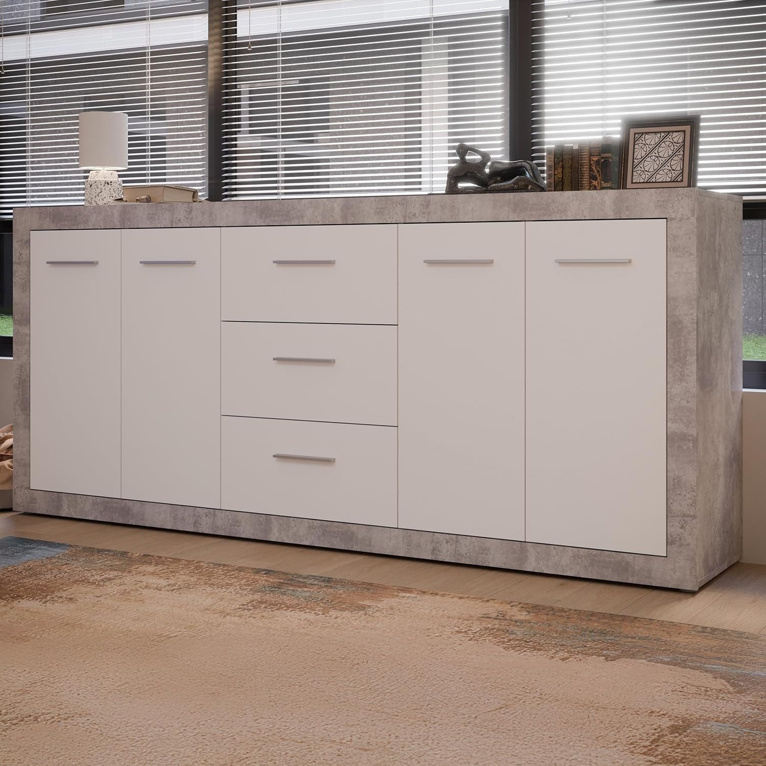 Sideboard mit 4 T¨¹ren und 3 Schubladen aus Holzwerkstoff in Wei? und Betonoptik, 207,1 ¡Á 91
