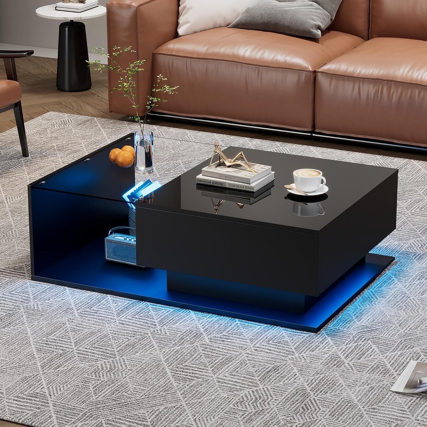 Couchtisch in Hochglanz Schwarz mit LED-Beleuchtung, Glasplatte und