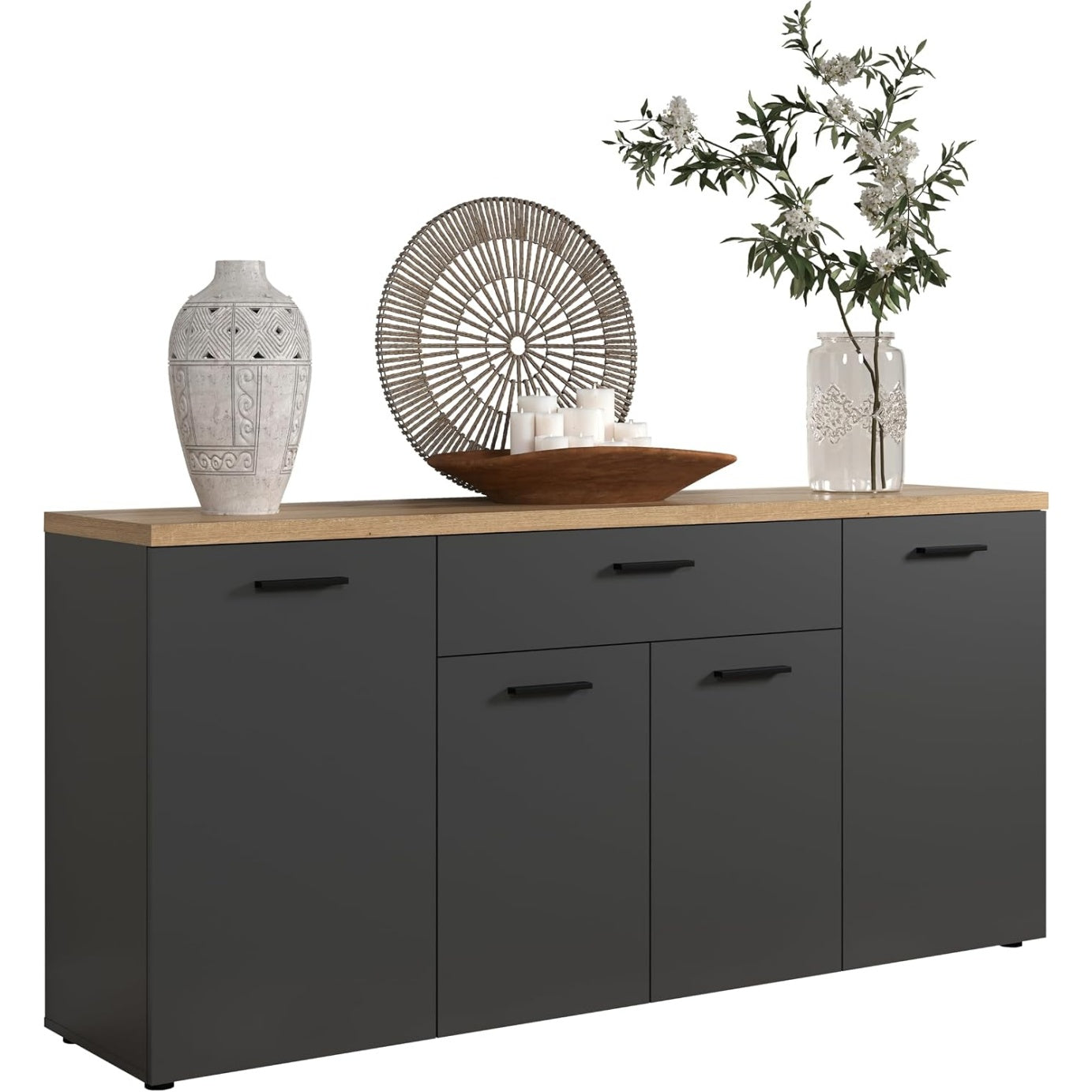 Sideboard in Grau und Eiche mit 4 T¨¹ren, 5 Einlegeb?den und Schublade, 180 ¡Á