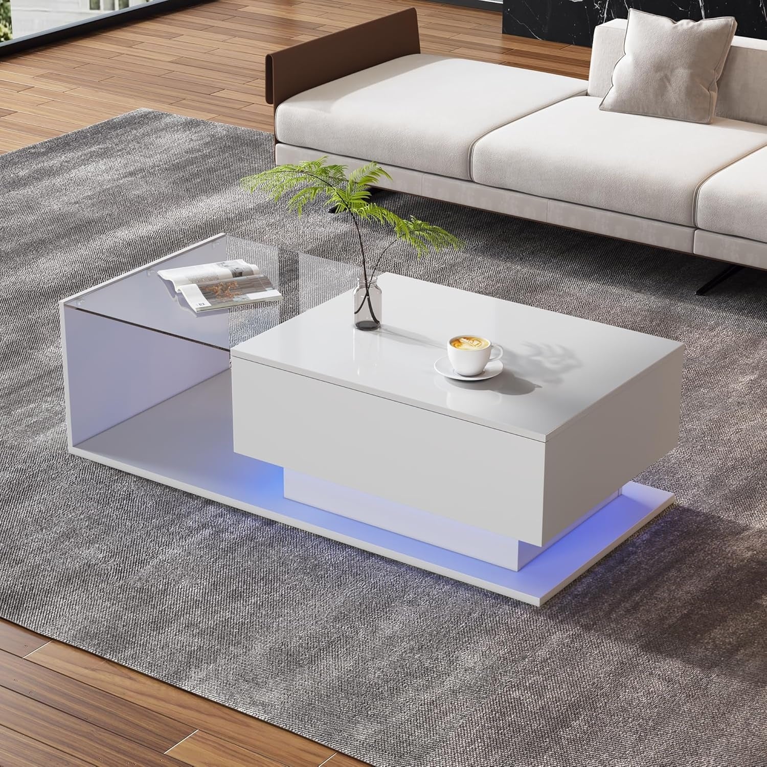 Moderner Couchtisch in Hochglanz mit LED-Beleuchtung, Glasplatte un