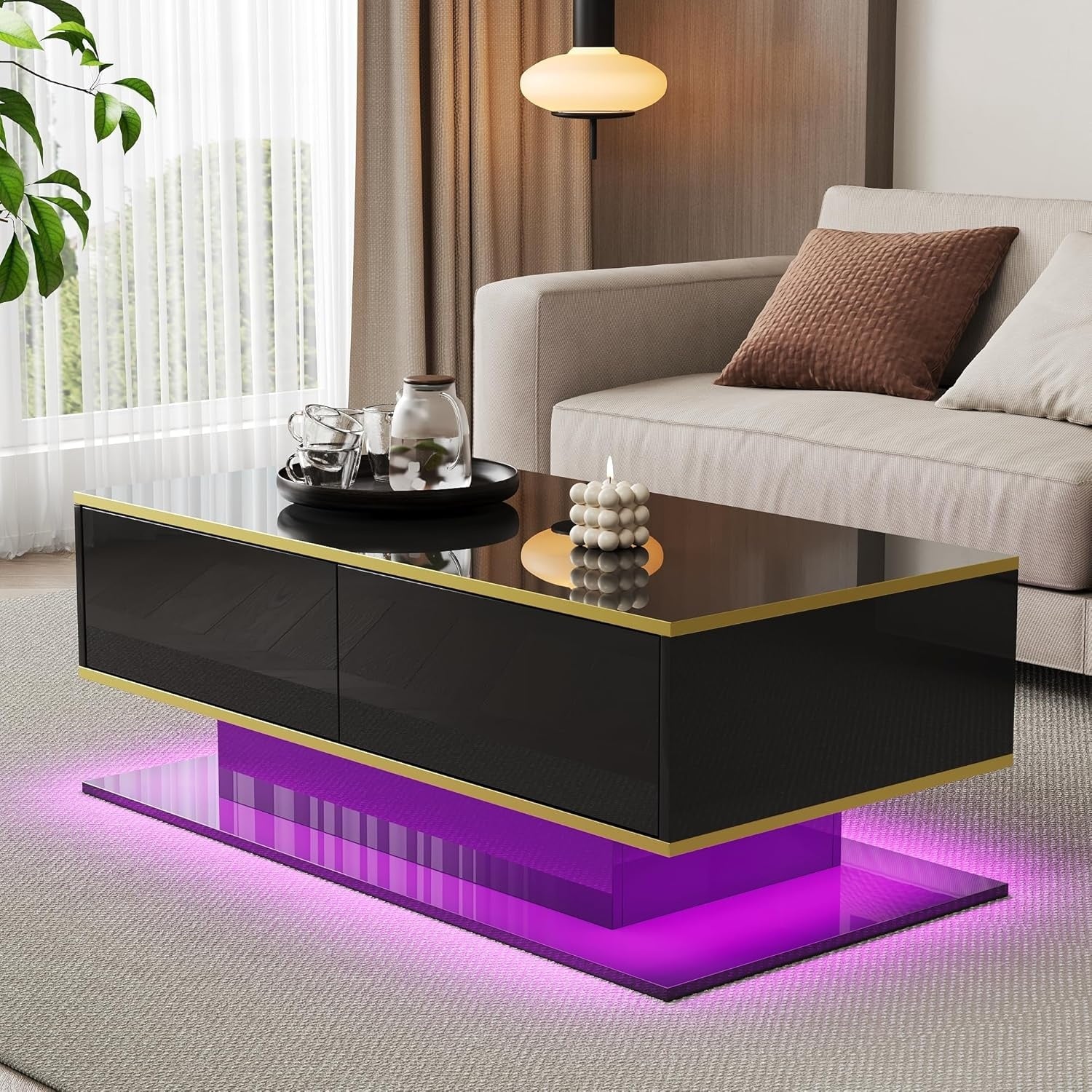 Couchtisch in Hochglanz mit Goldakzenten, LED-Beleuchtung, 3 Schubladen und USB-Anschluss, 100 ¡Á
