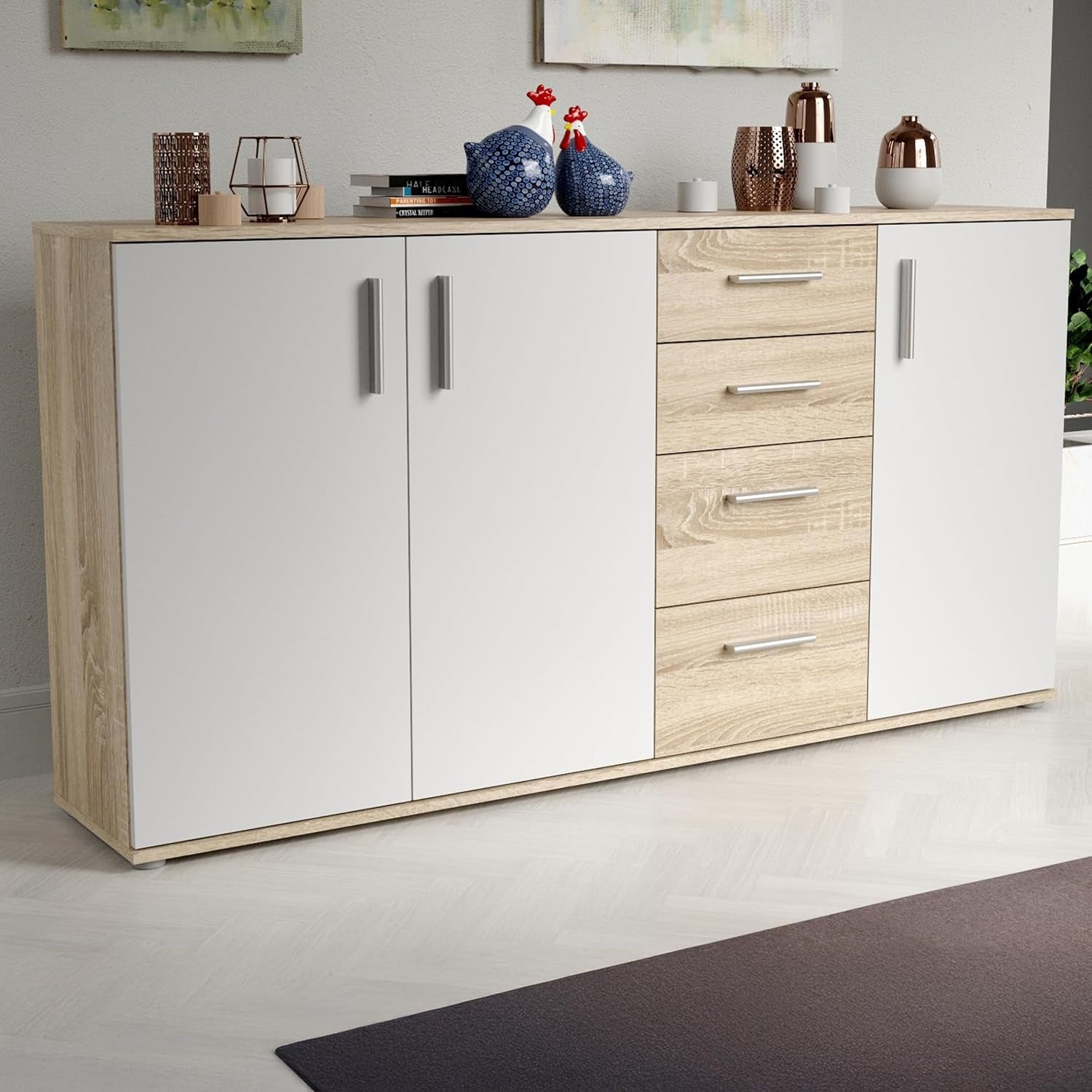 Kommode mit 3 T¨¹ren und 4 Schubladen aus Holzwerkstoff in Wei? und Sonoma-Eiche, 159,2 ¡Á 81,7