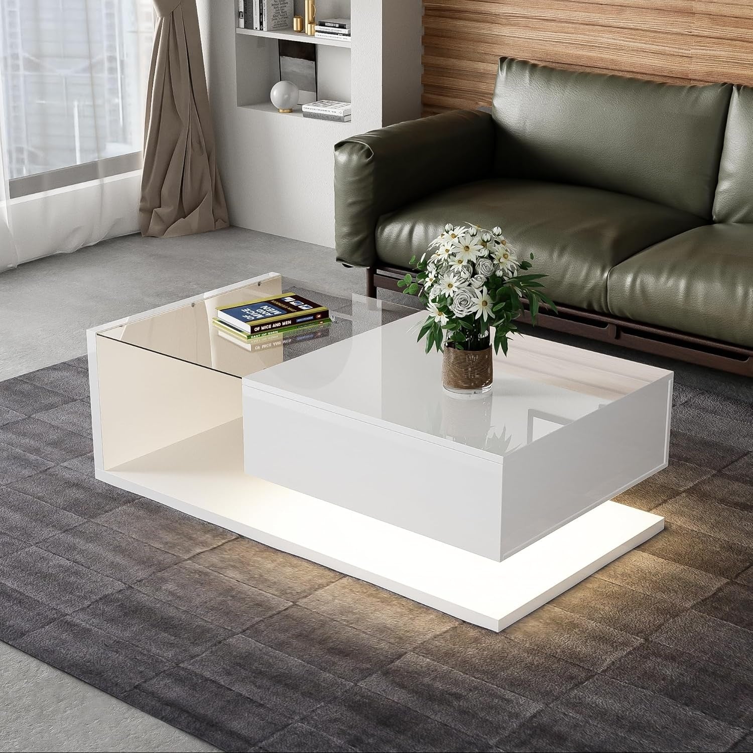 Couchtisch in Hochglanz mit LED-Beleuchtung, 2 Schubladen und Stauraum, 105 ¡Á 55